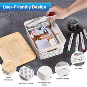 Anysig bamboo-lid bins demonstrate dust-proof, stylish storage for toys and cosmetics.