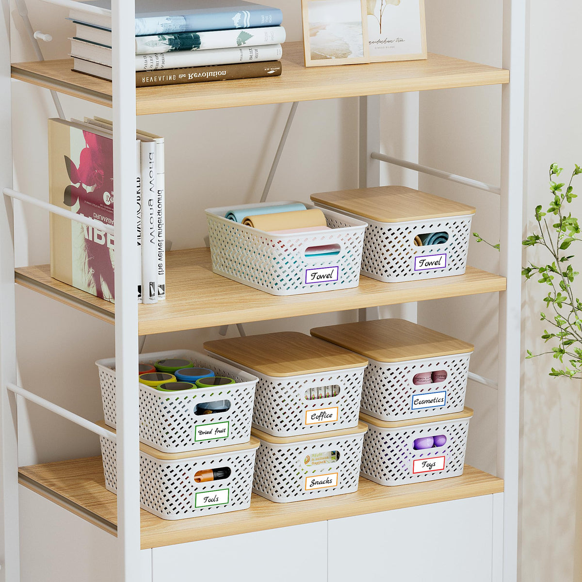 Anysig labeled storage bins help categorize items for quick retrieval.