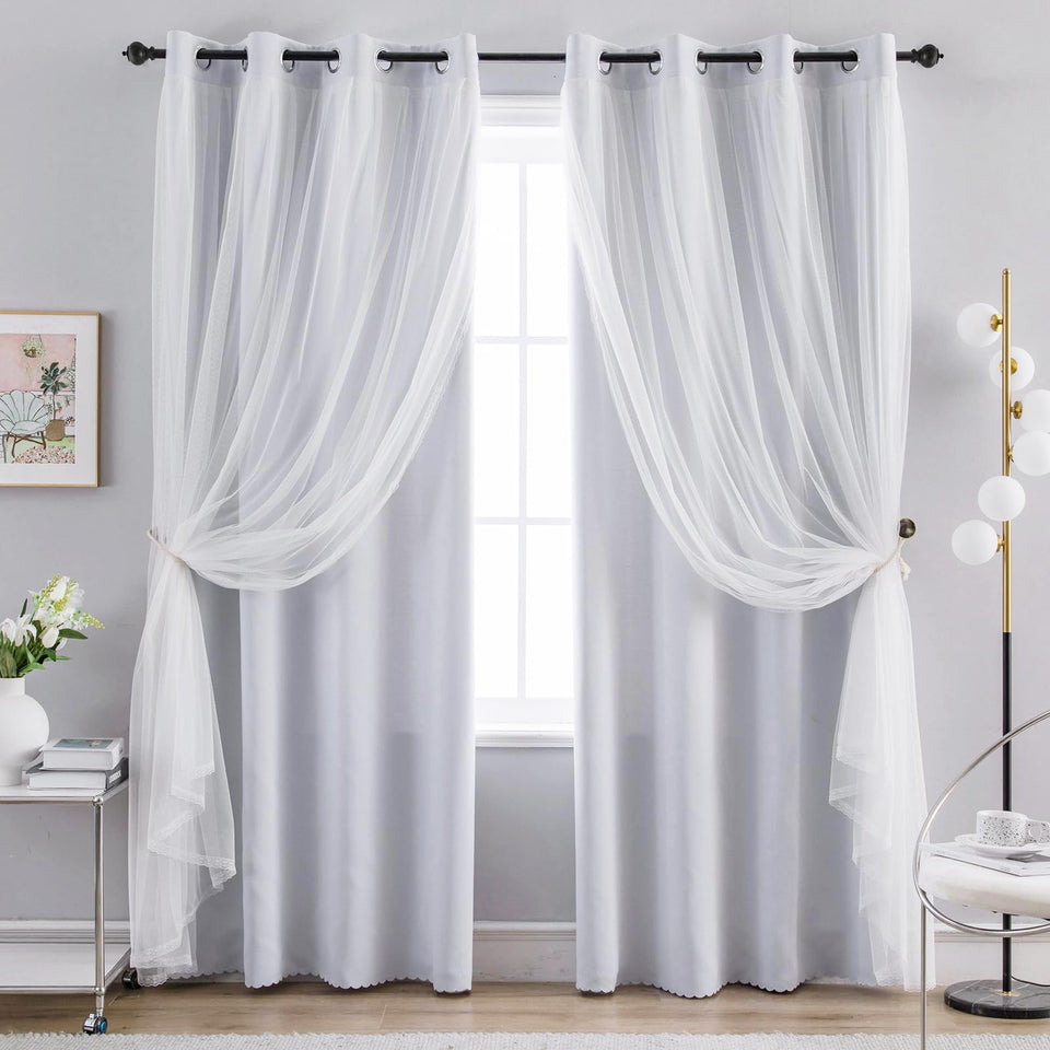 Anytime blackout and sheer layer curtains in greyish white, panel view for home use.