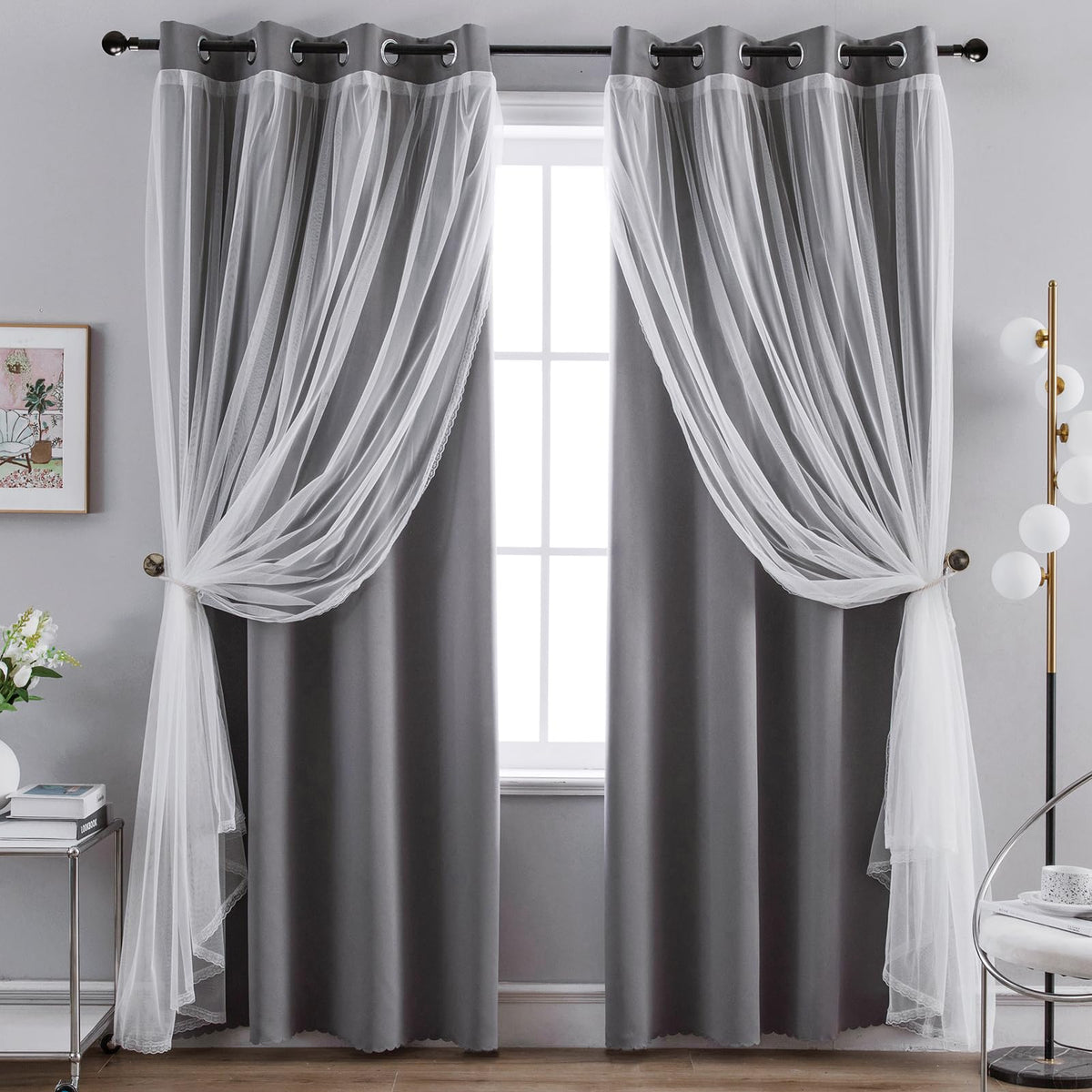 Anytime home curtains grey blackout and sheer front panel highlight two-layer privacy and light control
