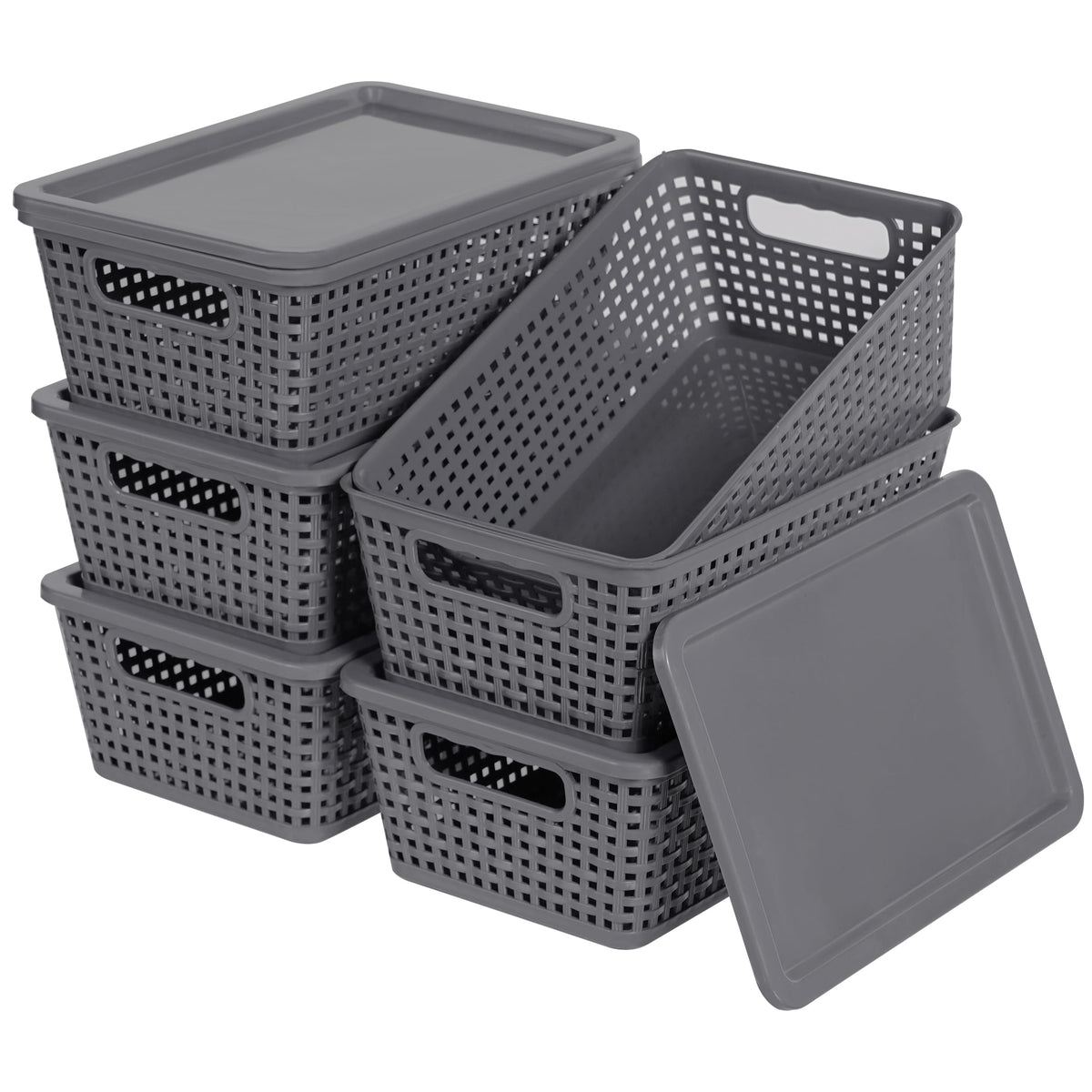 Anywish 6-pack grey storage baskets with lids neatly stacked on a shelf