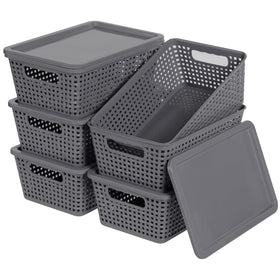 Anywish 6-pack grey storage baskets with lids neatly stacked on a shelf