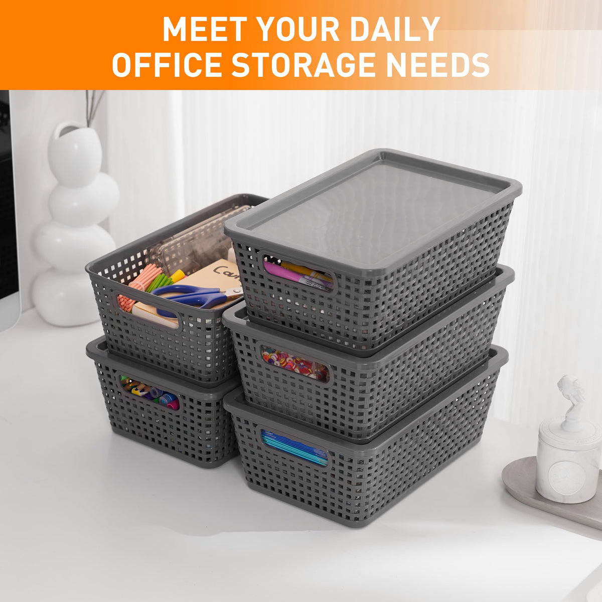 Anywish bins with built in side handles for easy pulling from shelves