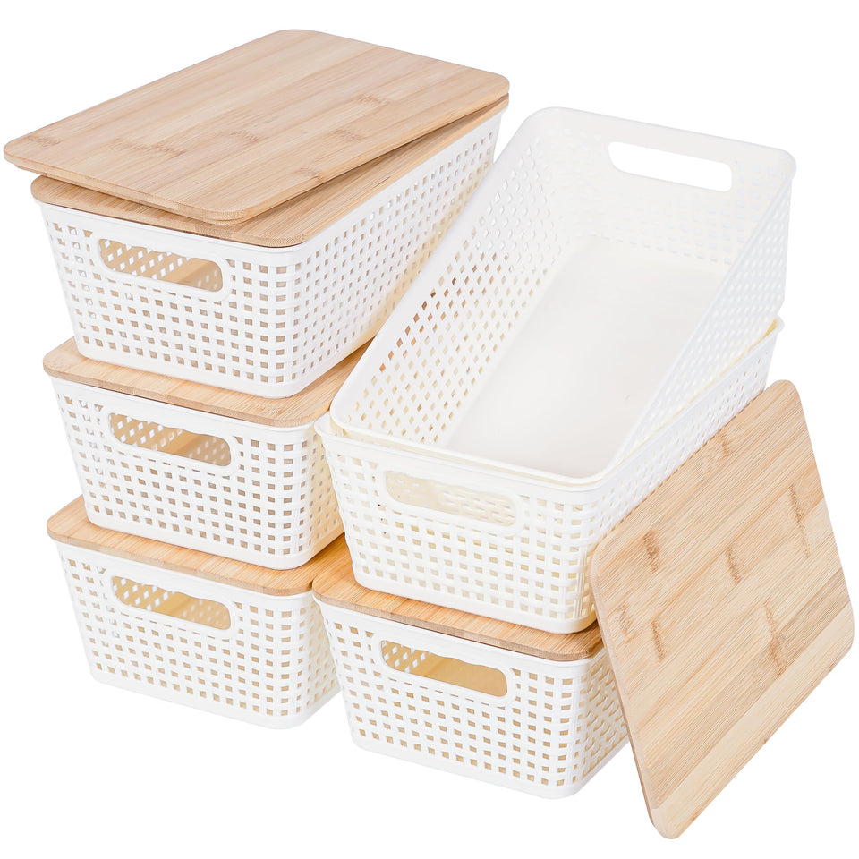 Anywish small storage bins with lids in white, six-pack for pantry organization and easy access.