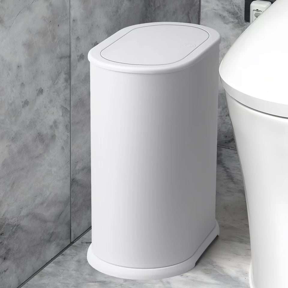 Anzoymx stainless steel trash can in slim profile saves bathroom space
