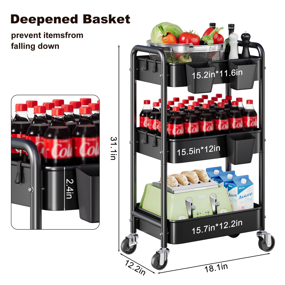 Aofure 3-tier cart with mesh baskets provides airflow and visible storage.