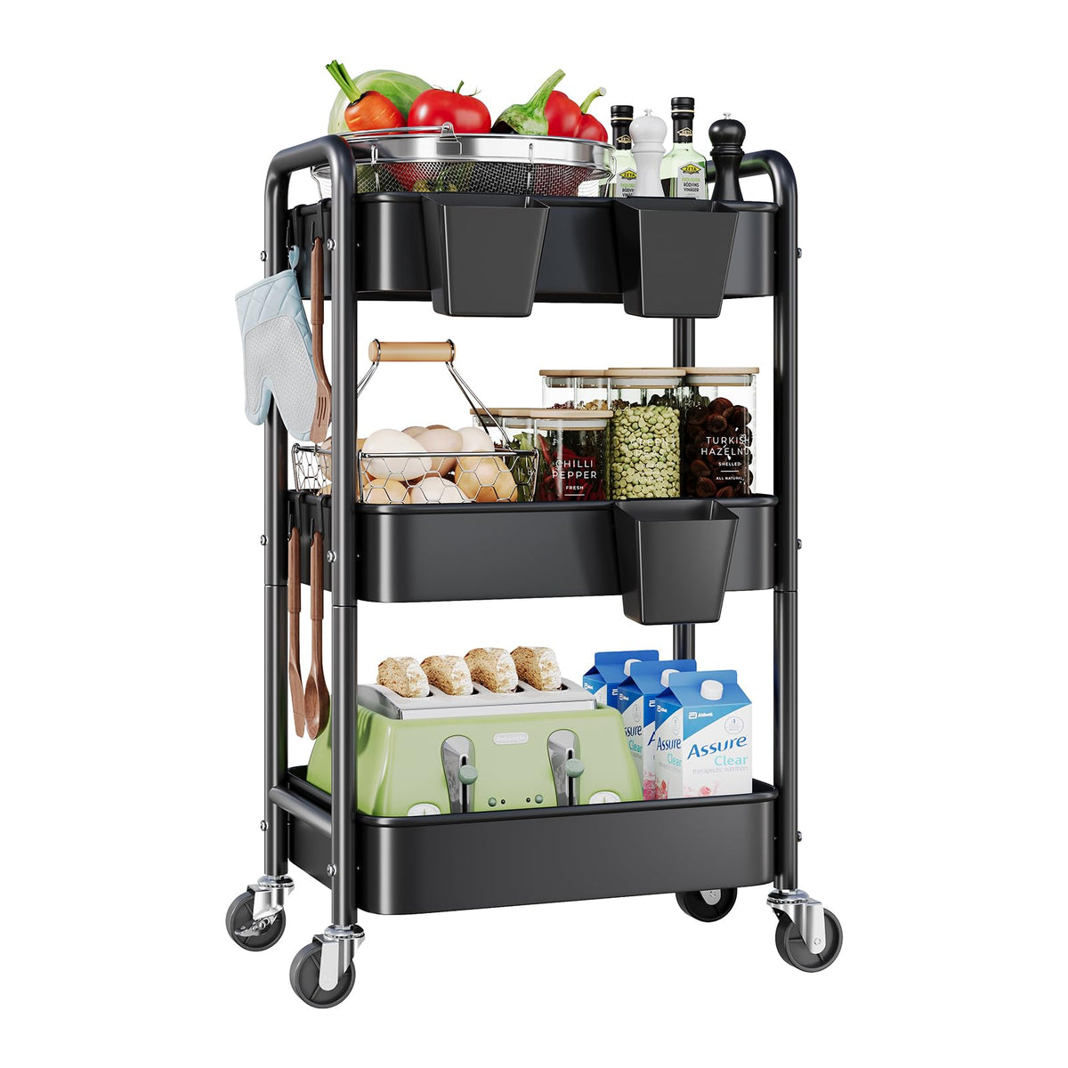 Aofure 3-tier rolling cart side view shows sturdy steel for organized spaces.