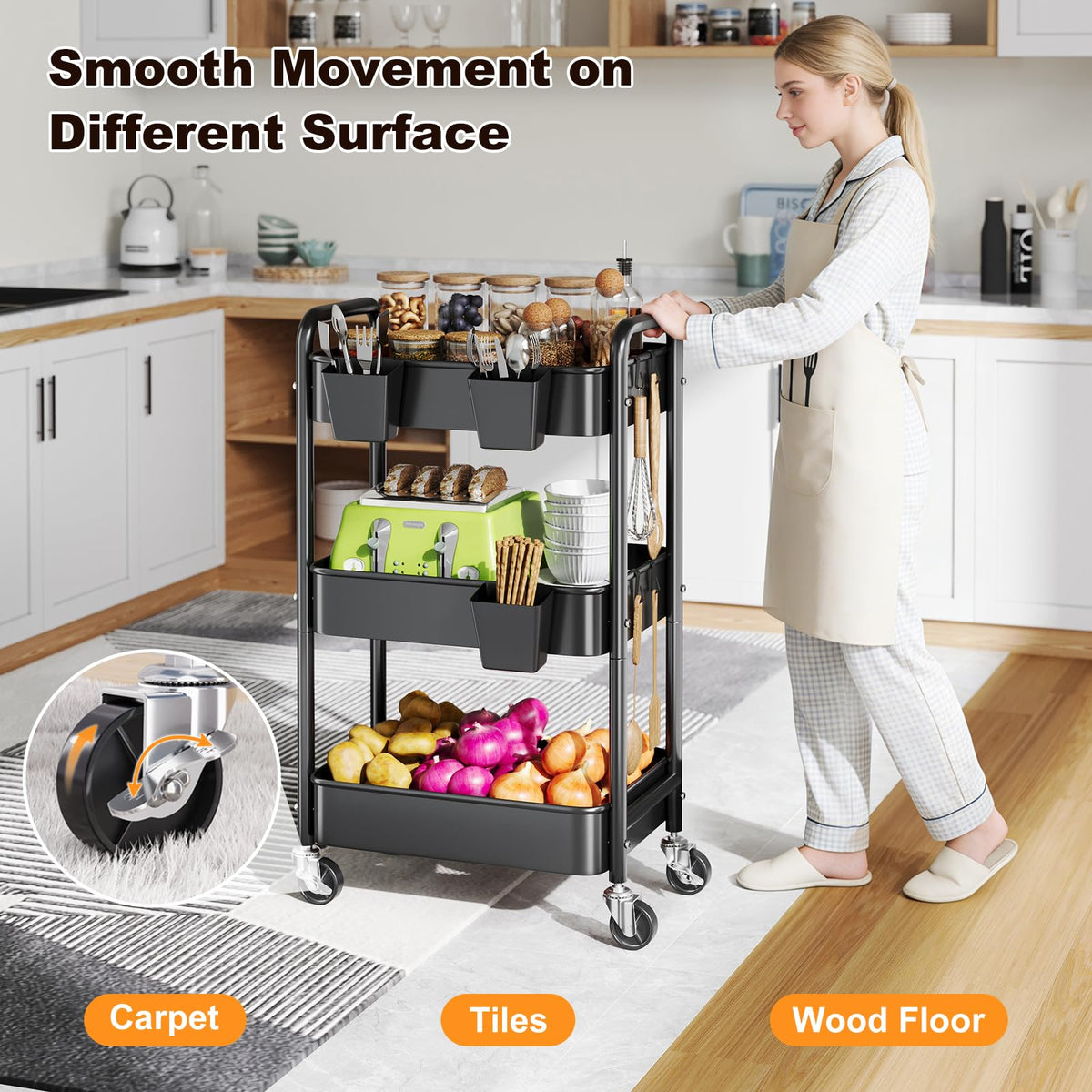 Aofure cart with 360-degree wheels glides smoothly and supports easy repositioning.