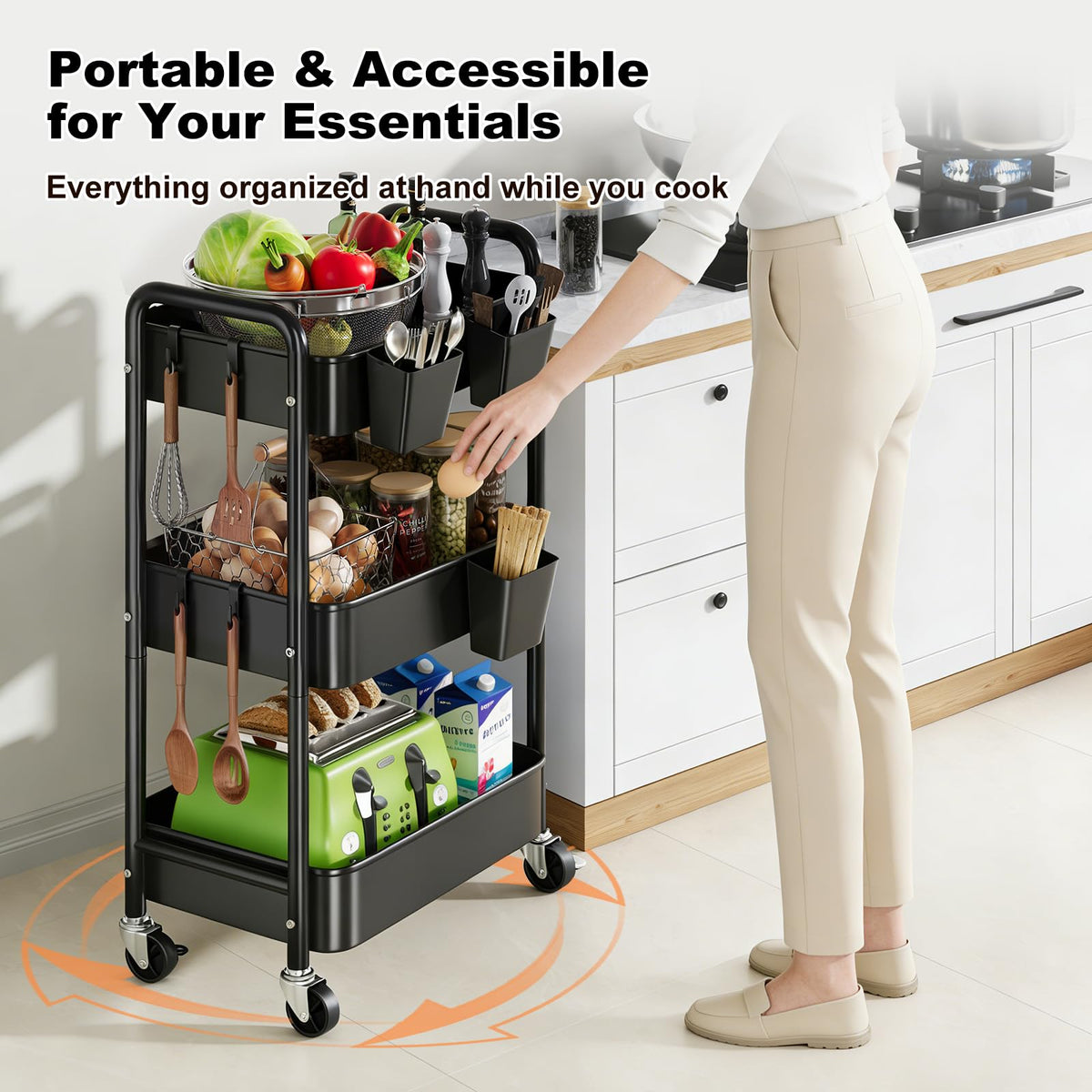 Aofure cart featuring hanging cups and hooks enables quick access to small items.