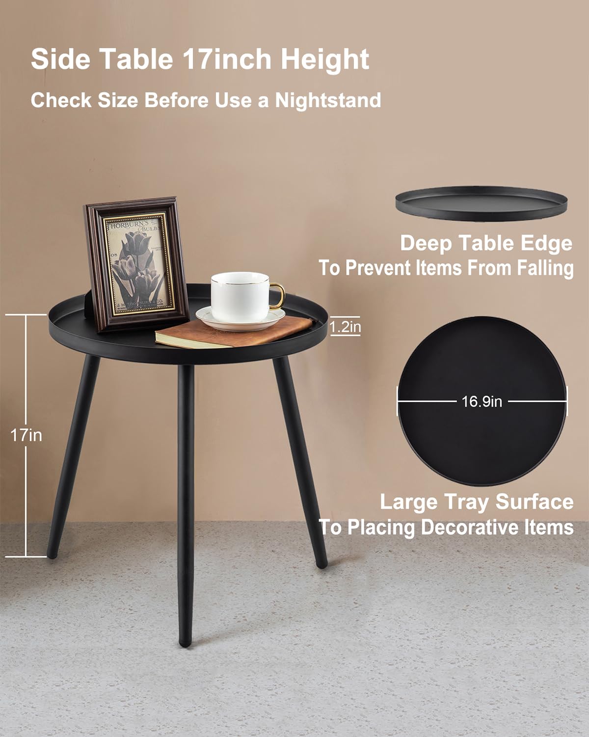AOJEZOR bedside end-table small footprint, sturdy three legs, perfect for nightstand or plant stand.