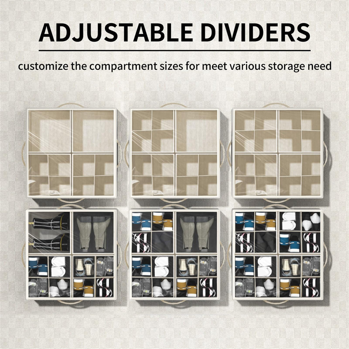 Aokeyee adjustable dividers customize compartments for sneakers and boots.