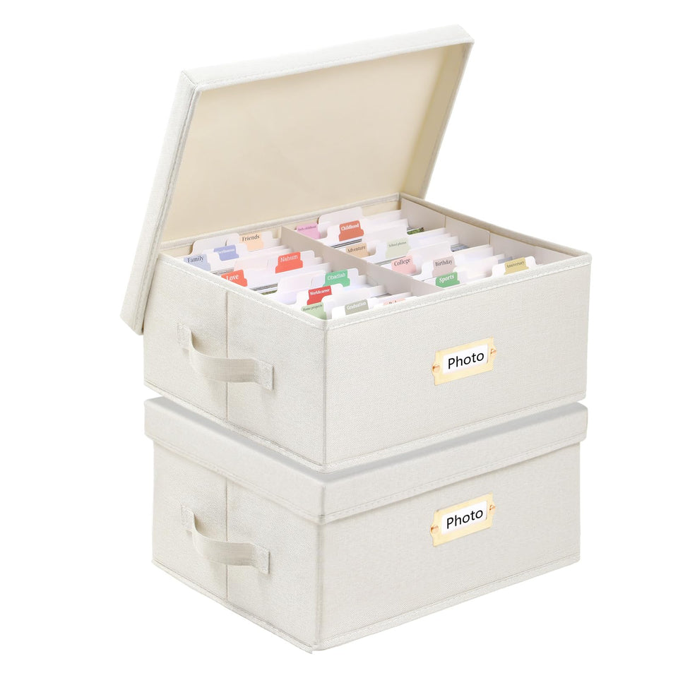 Aokeyee photo storage box with linen ivory lid keeps 1700+ photos organized.
