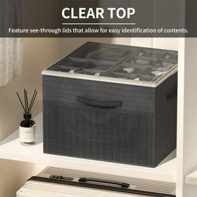 Clear cover protects shoes from dust while identifying contents