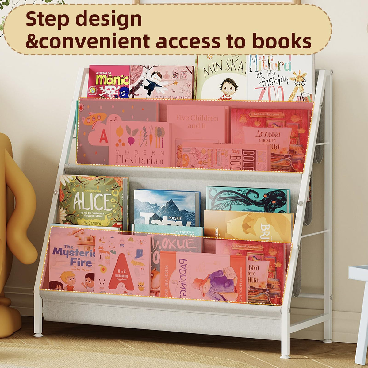 Four deep pockets help organize picture books