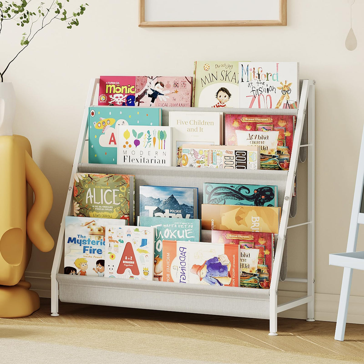 Aokitsink 4-Tier Kids Bookshelf with canvas bags stores 40 picture books within reach