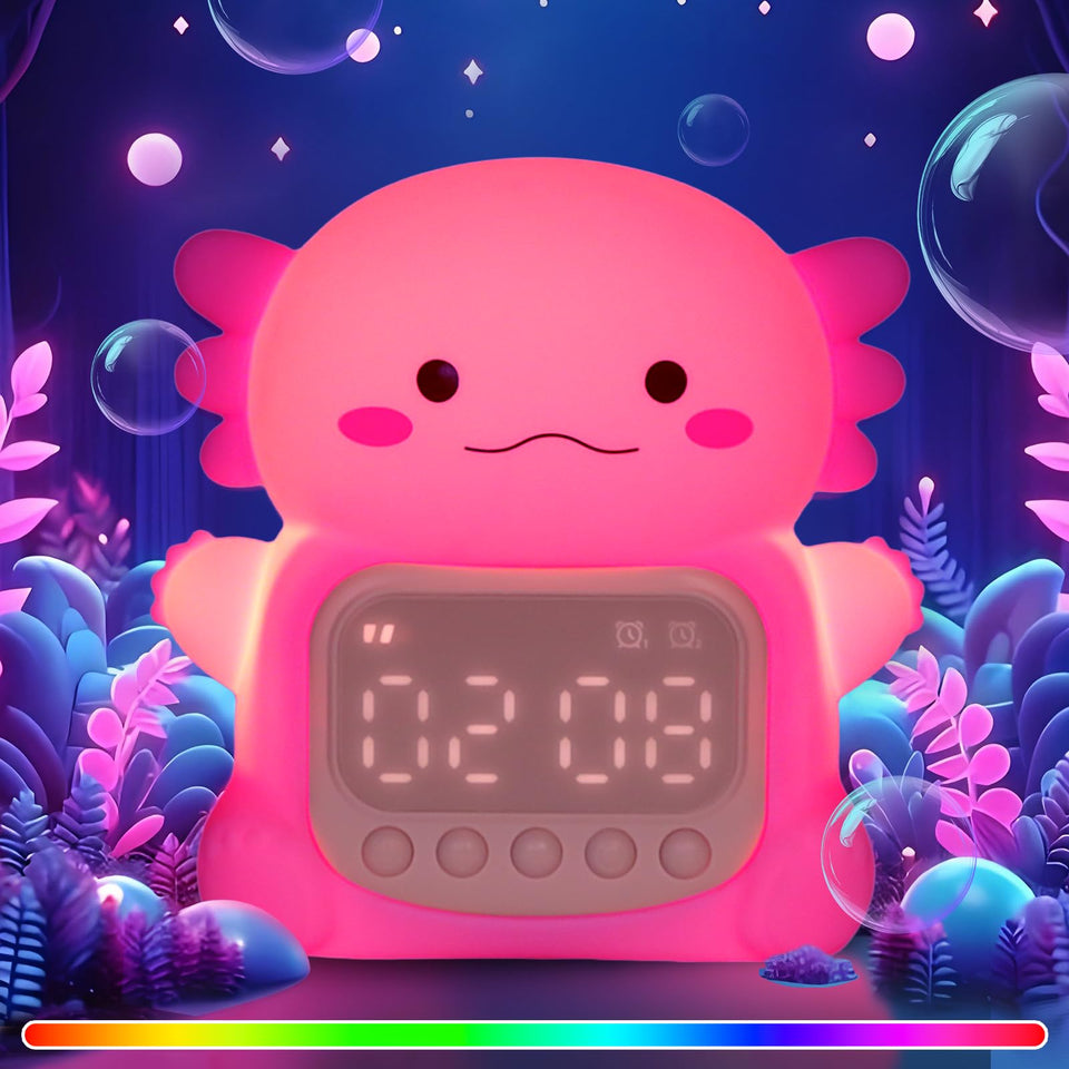 Aokpsrt axolotl alarm clock front view with friendly night light for kids.