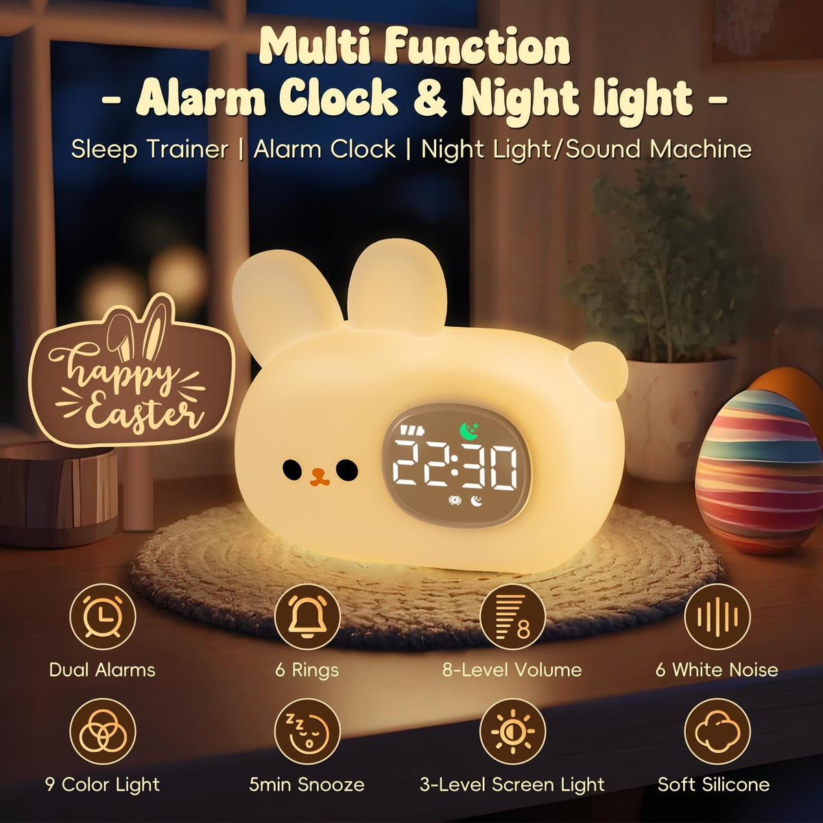 Aokpsrt Bunny Alarm Clock night light provides soft illumination for bedtime.