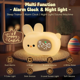 Aokpsrt Bunny Alarm Clock night light provides soft illumination for bedtime.