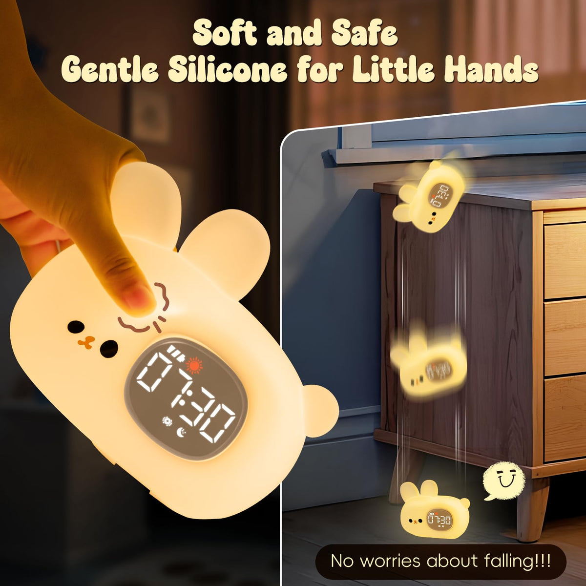 Aokpsrt Bunny Alarm Clock rechargeable battery enables cordless use.