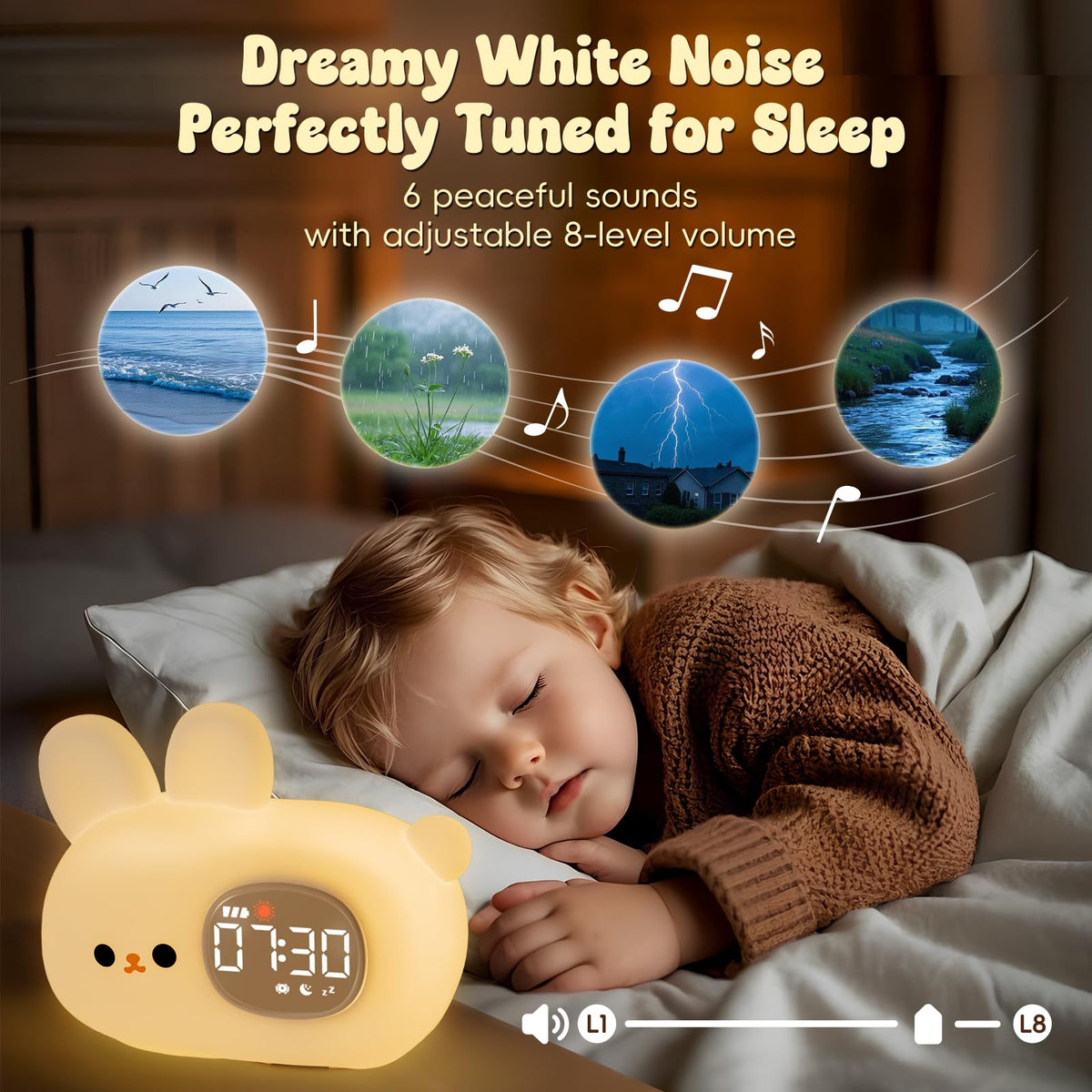 Aokpsrt Bunny Alarm Clock offers six white-noise options for calm nights.