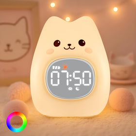 Aokpsrt Cat Alarm Clock with Night Light, cozy night glow for bedtime routines.