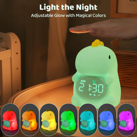 Aokpsrt dinosaurs alarm clock with adjustable display brightness and color options.