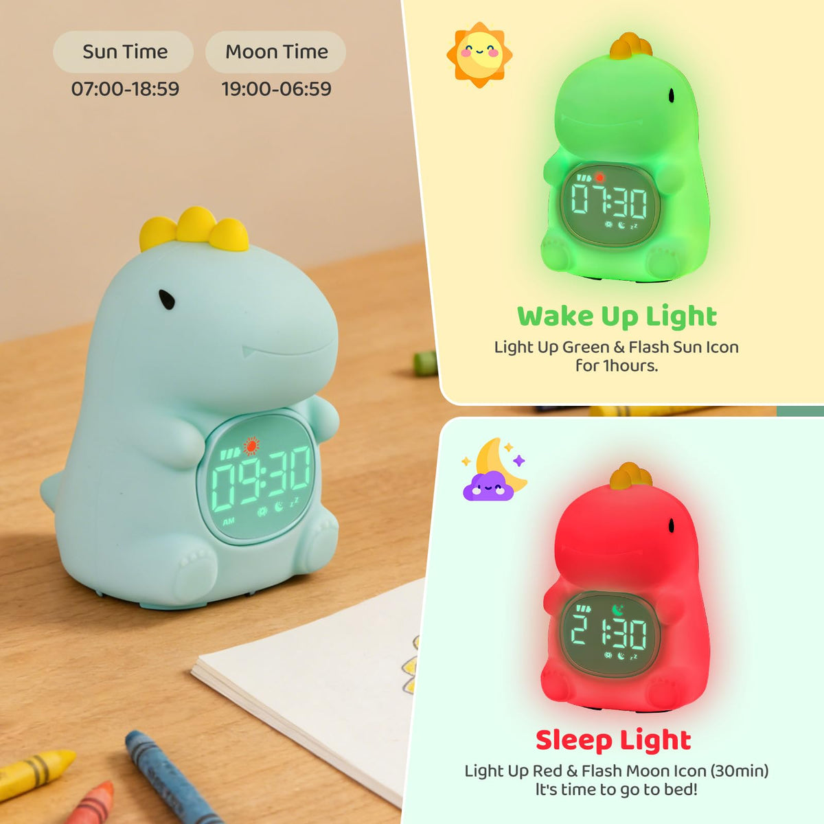 Aokpsrt dinosaurs alarm clock displaying bedtime red, sunrise yellow, and wake green cues.