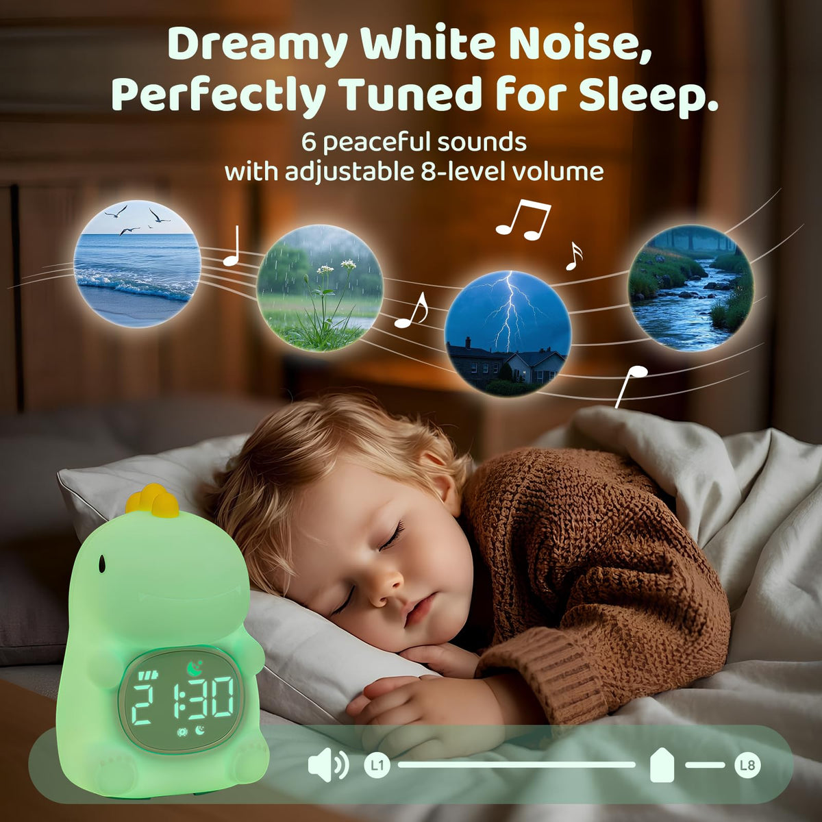Aokpsrt alarm clock white noise option with six calming sounds for sleep.