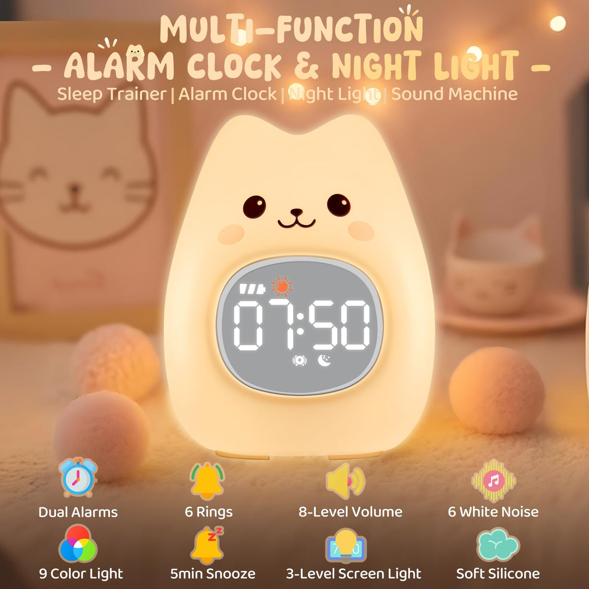 Aokpsrt Kids Alarm Clock showing color signals to cue bedtime and wake times.