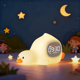 Aokpsrt Laying Duck Alarm Clock glows on a nightstand for gentle bedtime cues.