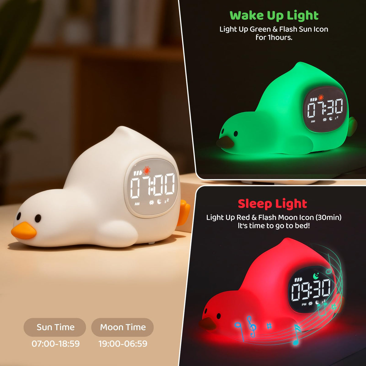 Aokpsrt clock display shows time and color wake signals for easy routines.