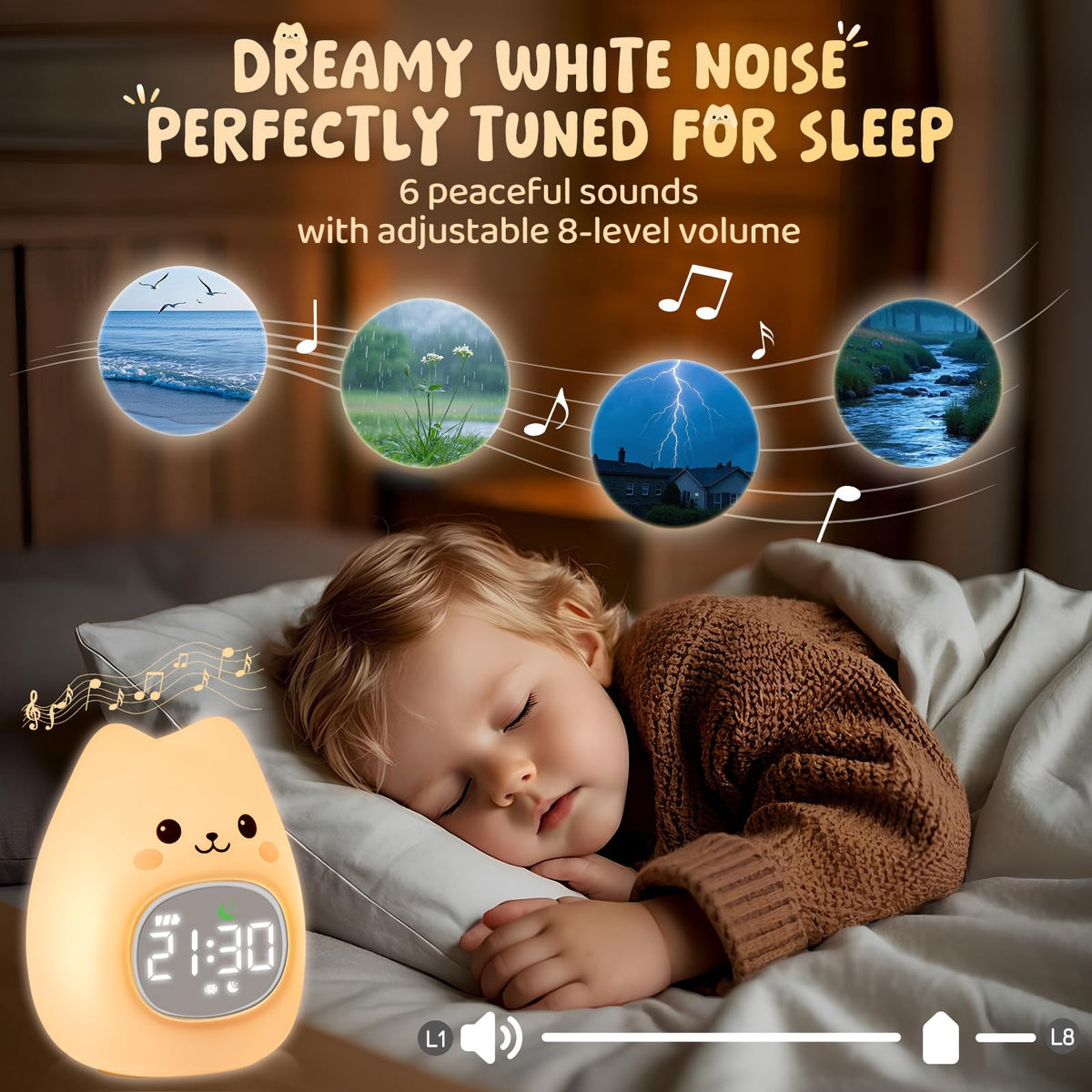 Aokpsrt Six soothing white noise options to mask outside disturbances.