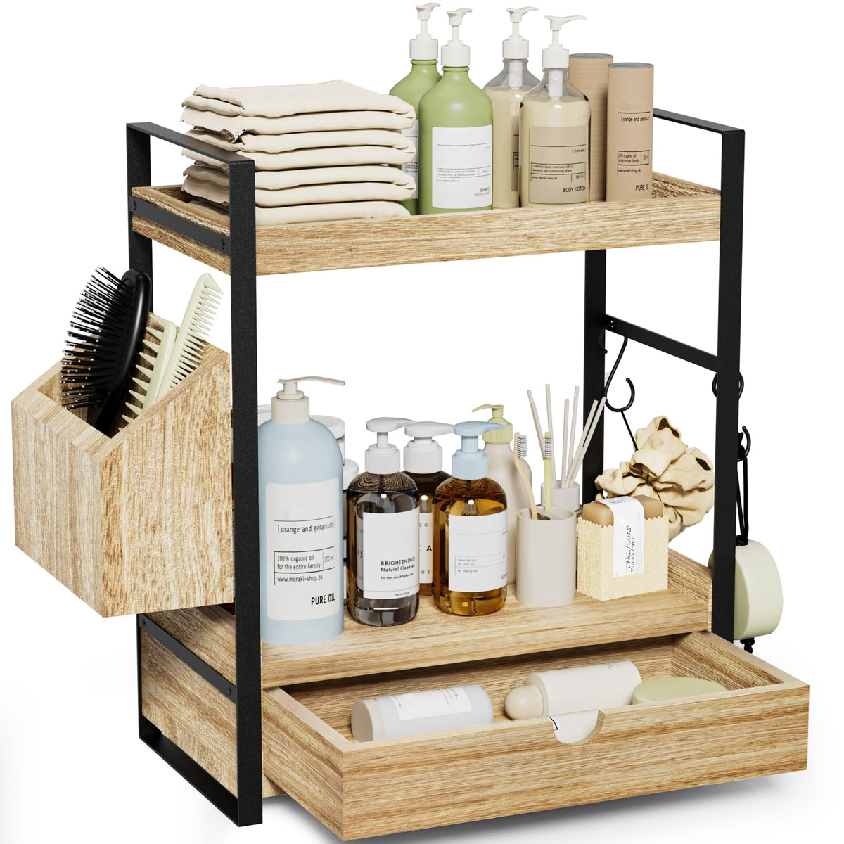 Aollewoiti 2-tier bathroom counter organizer with drawer and basket keeps skincare essentials organized.