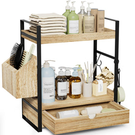 Aollewoiti 2-tier bathroom counter organizer with drawer and basket keeps skincare essentials organized.
