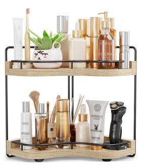 Aollewoiti 2-tier corner bathroom organizer in light walnut showing spacious makeup storage