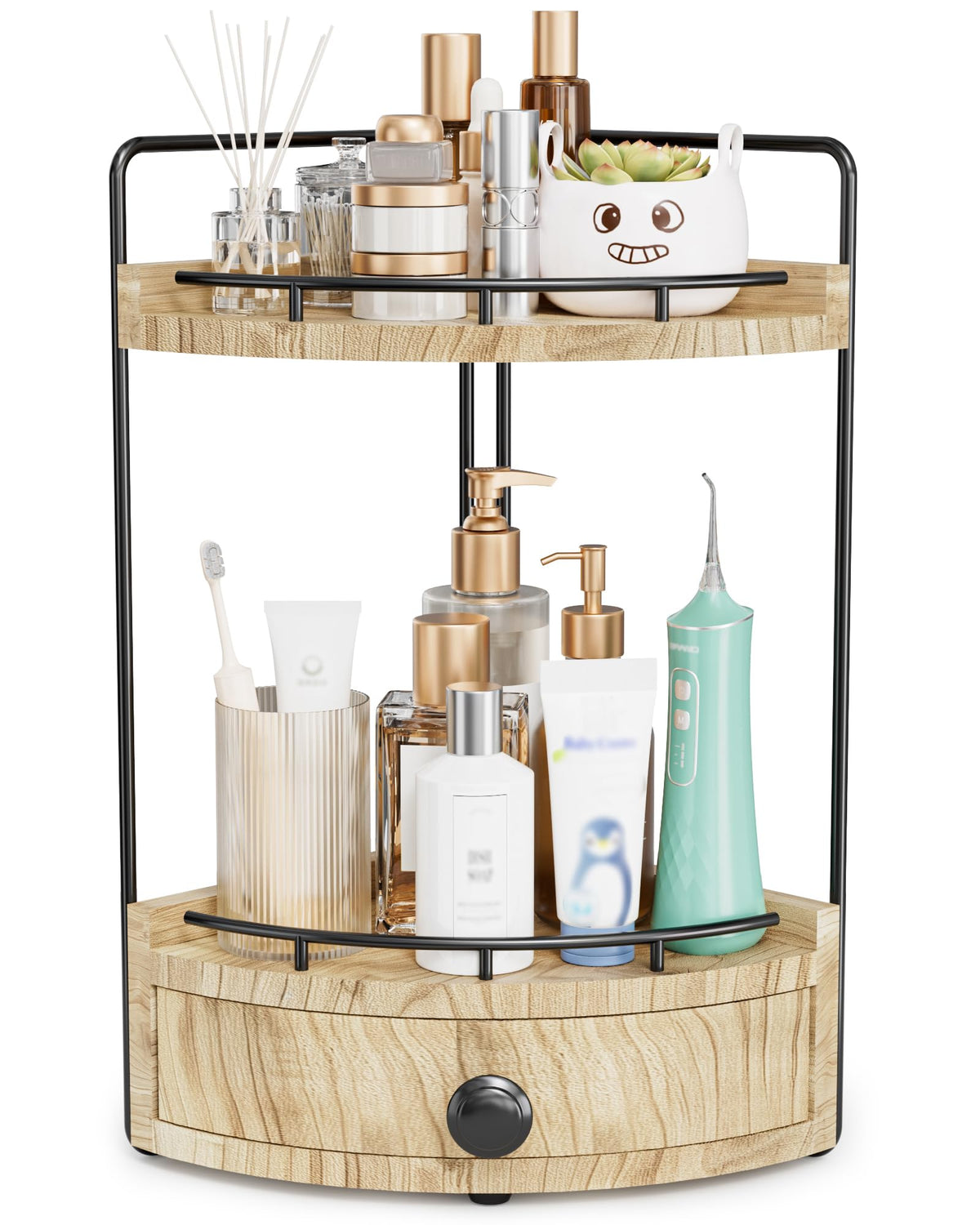 Aollewoiti 2-Tier Corner Counter Organizer with Drawer keeps cosmetics tidy and accessible.