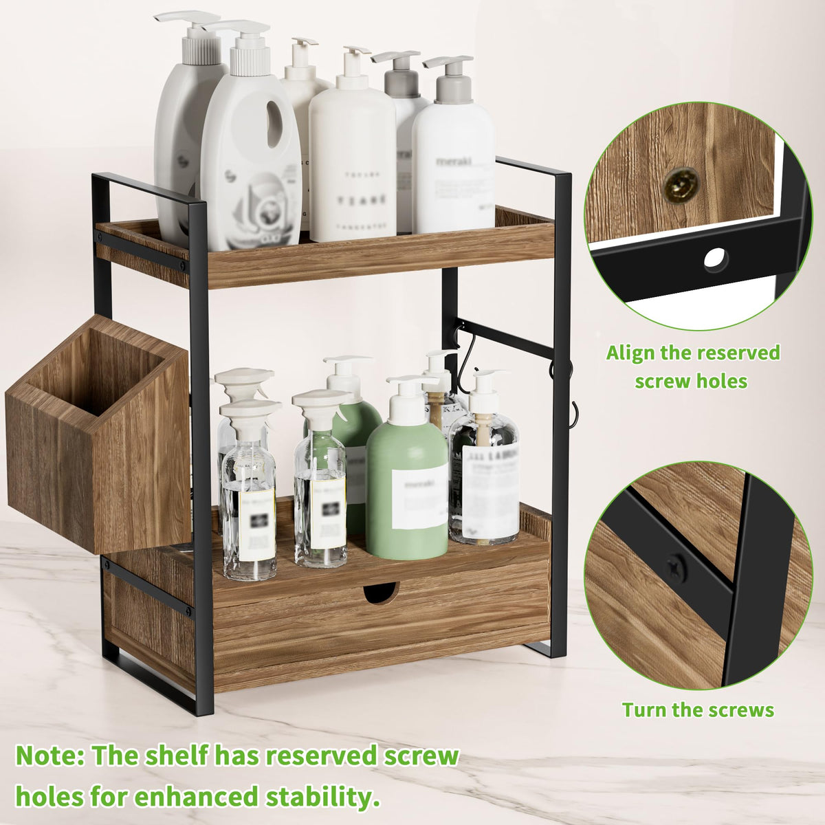 Aollewoiti bathroom vanity organizer demonstrates sturdy wood and metal construction for daily use.