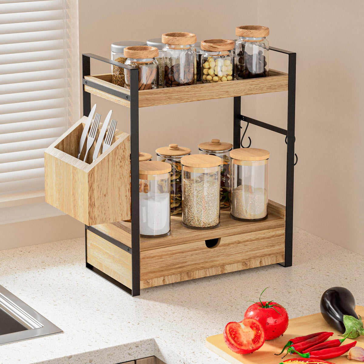 Aollewoiti drawer-side boxes and hooks for small-item storage.