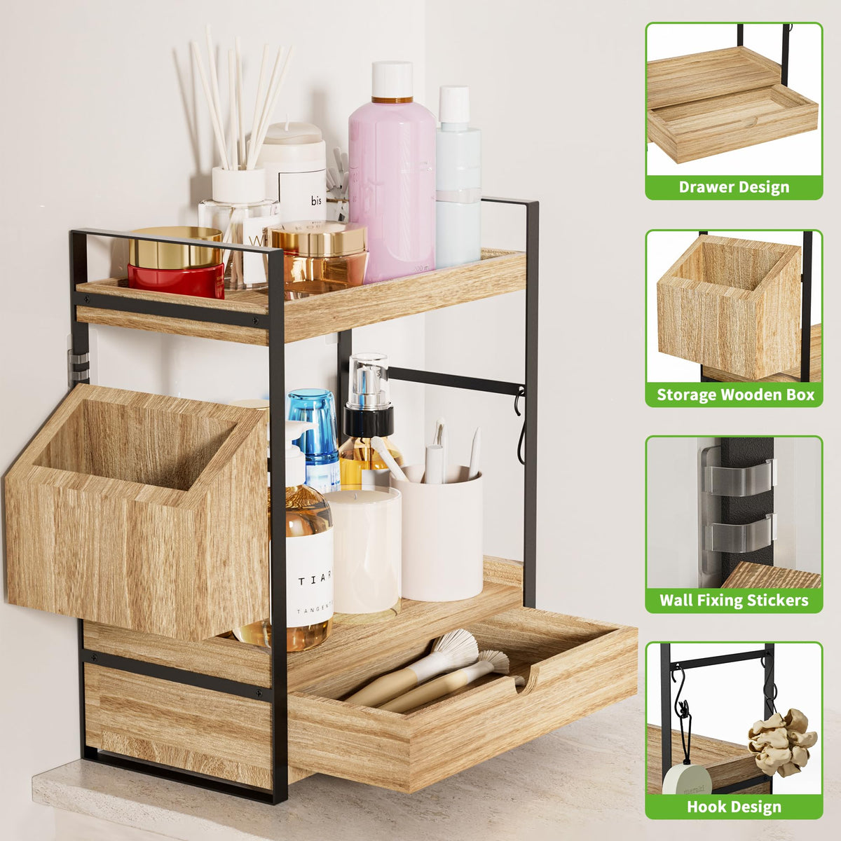 Aollewoiti vanity organizer displaying cosmetics and serums neatly.