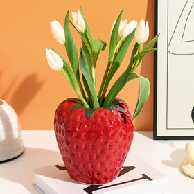 AOMOONOA red strawberry vase close up with glossy glaze and seed texture ideal for lively tables