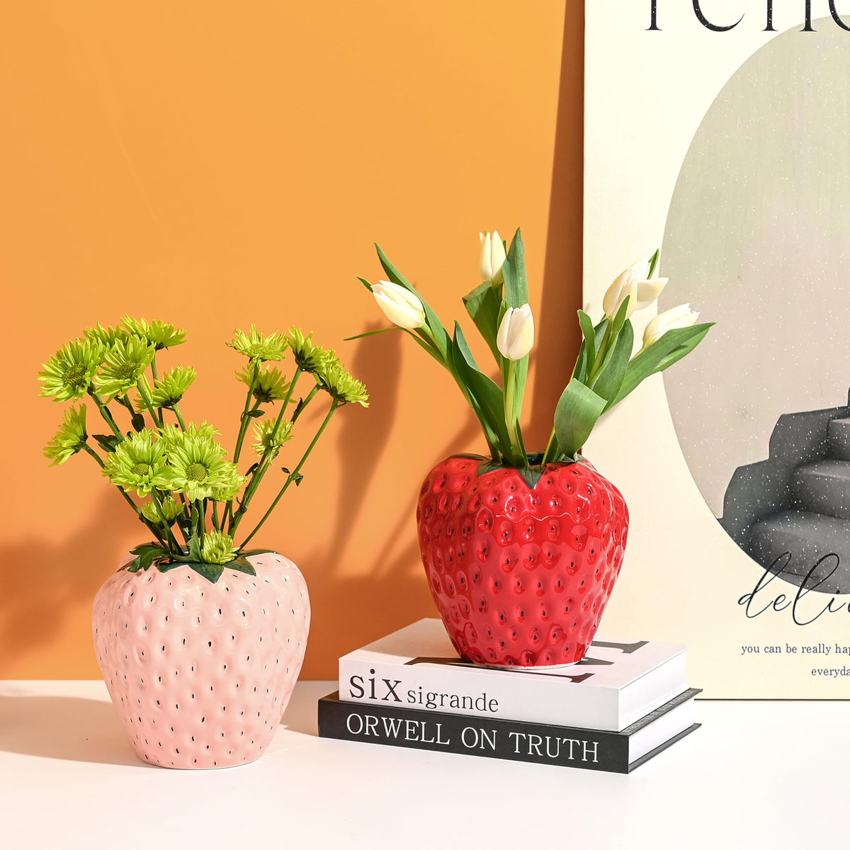 AOMOONOA strawberry vase on a coffee table with blooms adds seasonal charm