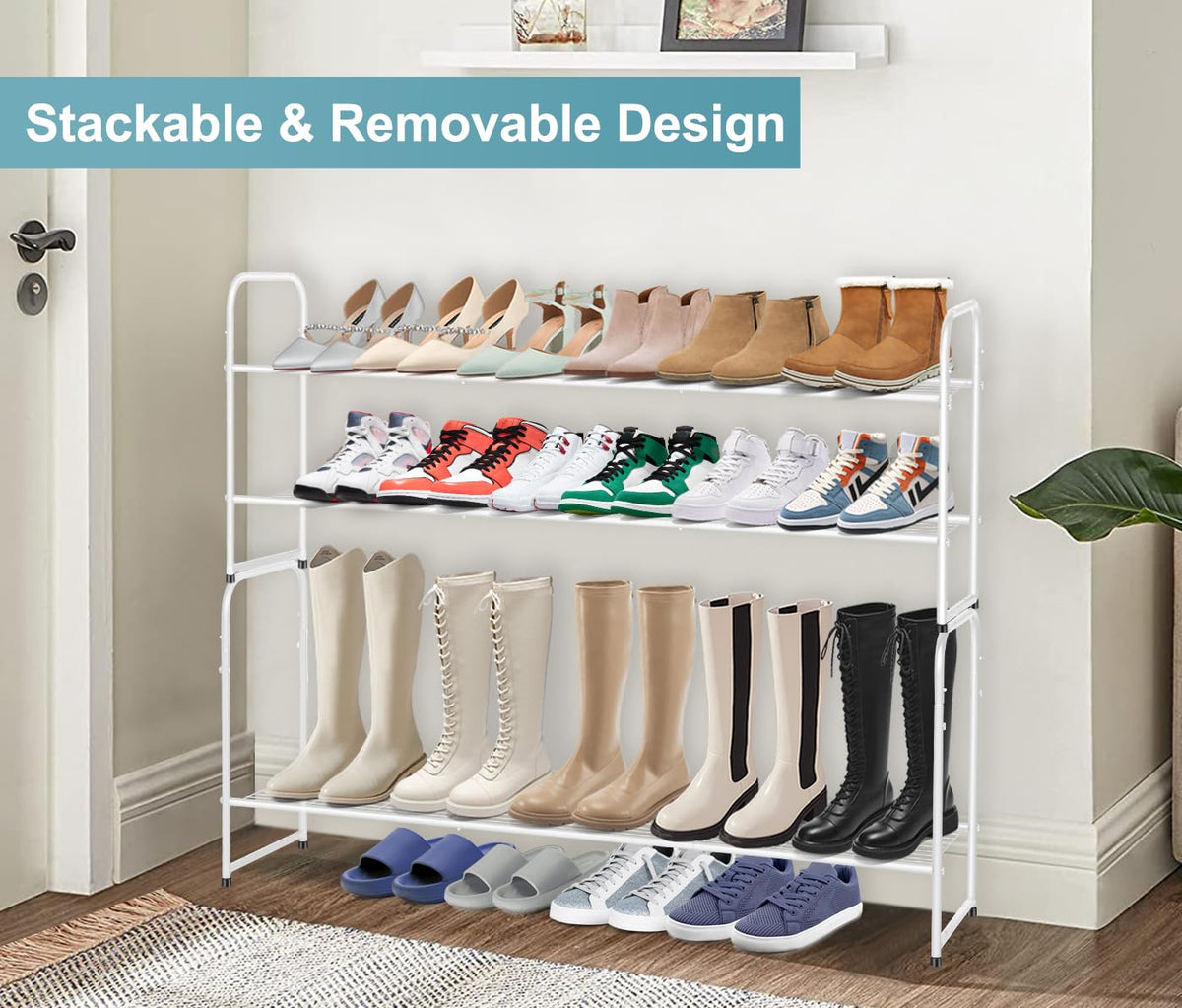 AOODA 2-tier shoe rack demonstrating tall boot compatibility and adjustable height.