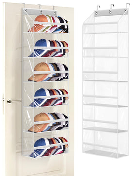 AOODA clear over-the-door hat rack holds 72 caps for easy display and access.