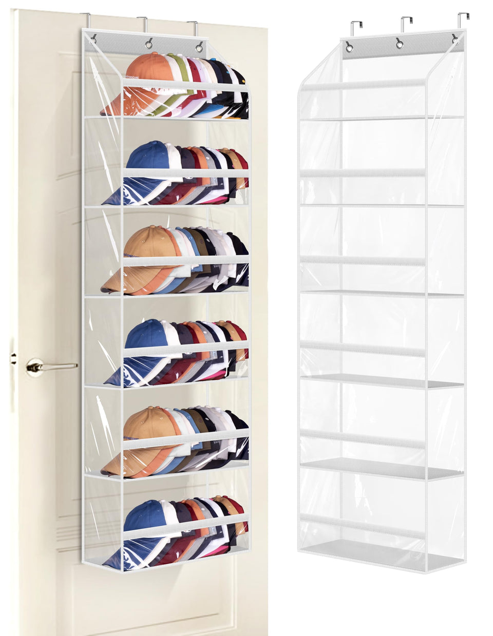 AOODA clear over-the-door hat rack holds 72 caps for easy display and access.