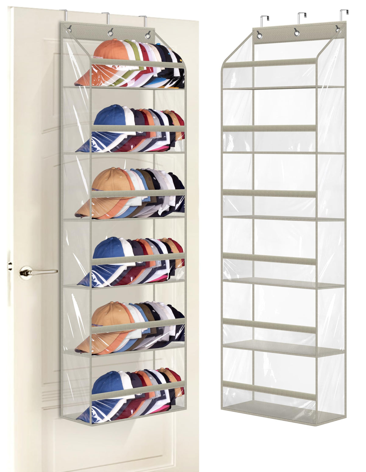 AOODA clear over-the-door hat racks show full 72-capacity organization.