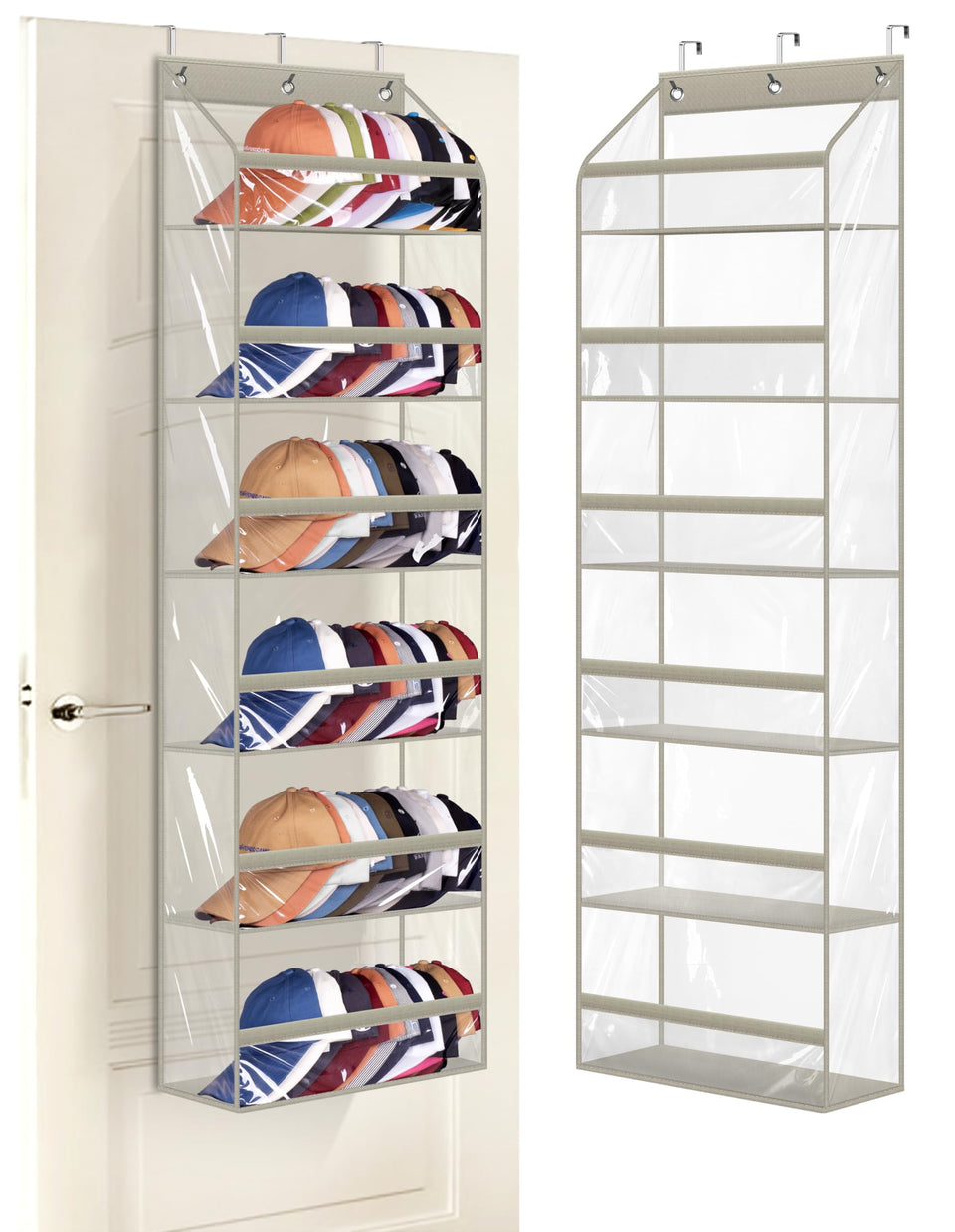 AOODA clear over-the-door hat racks show full 72-capacity organization.