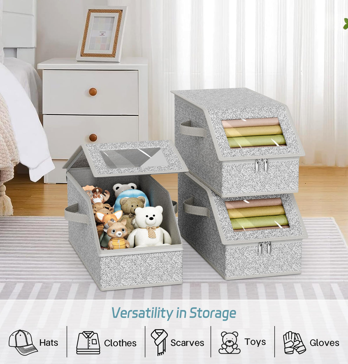 AOODA hat storage shown in bedroom and living room setups