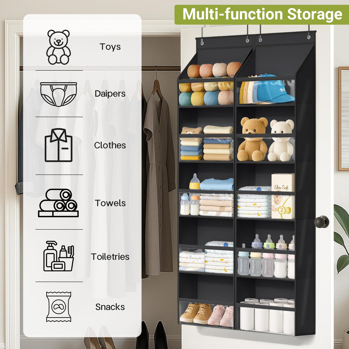 AOODA large-capacity organizer fits diapers, bottles, and shoes.