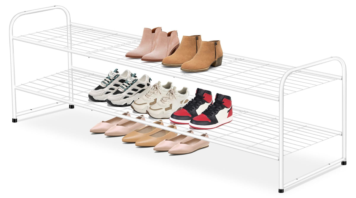 AOODA long 2-tier shoe rack front view in white, space-saving entryway organizer.