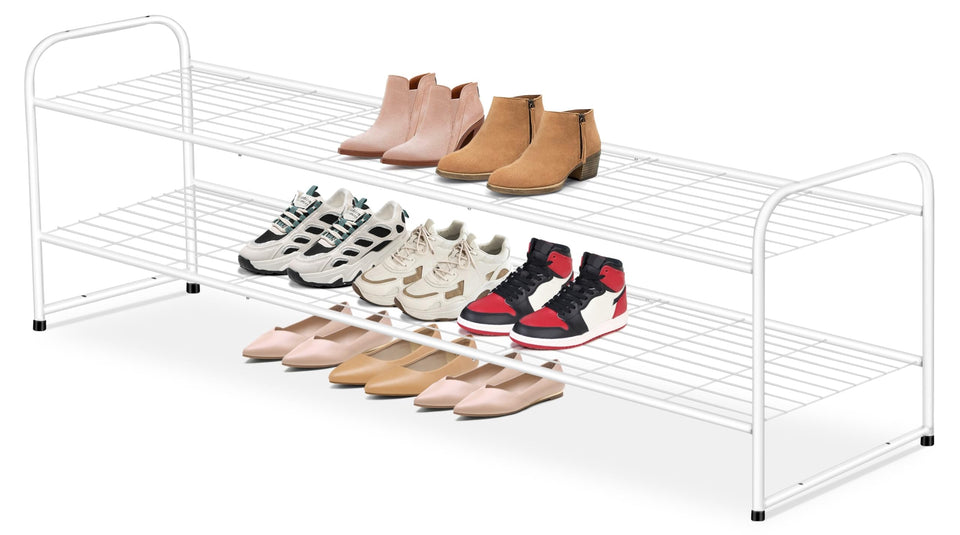AOODA long 2-tier shoe rack front view in white, space-saving entryway organizer.